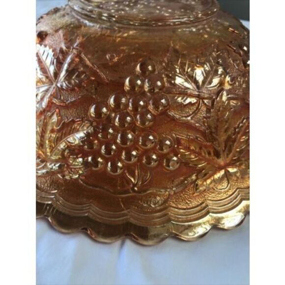 1920 carnival glass bowl imperial grapes Scallop Edge iridescent marigold orange - Picture 6 of 8
